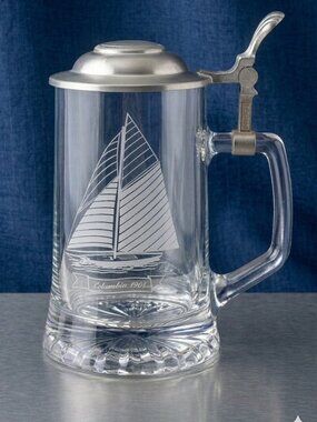 ALWE Germany Columbia 1901 Yacht Stein Glass Pewter Lid NOS Nautical Barware